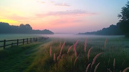 Obraz premium Misty Sunrise Over A Country Meadow