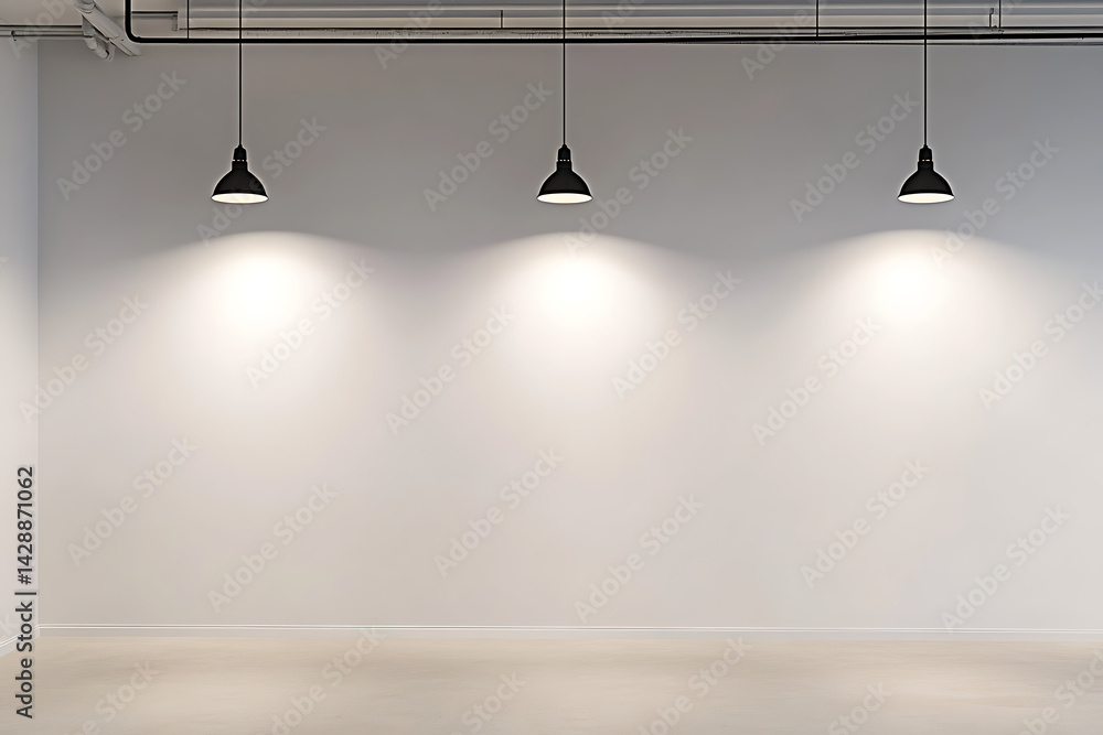 Poster minimalist plain white wall with three track lights hanging from the ceiling, illuminating an empty 