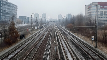 Fototapeta premium Snowy Train Tracks In Urban Cityscape
