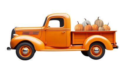 Side view of an orange vintage truck carrying pumpkins in the truck bed isolated on transparent background	
