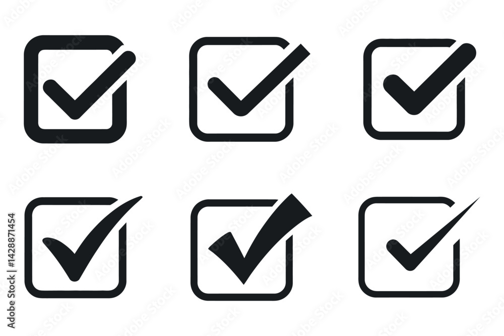 Poster six isolated black check mark icons in square boxes on a white background symbolizing completion