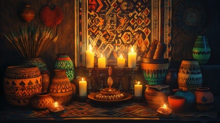 Obraz premium Ritual, candles, pottery, tapestry, interior, night, mystical, ceremony, ancient, altar