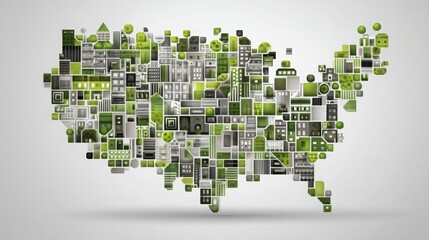 Obraz premium Creative map of the united states composed of green and gray buildings highlighting green taxation and urban development