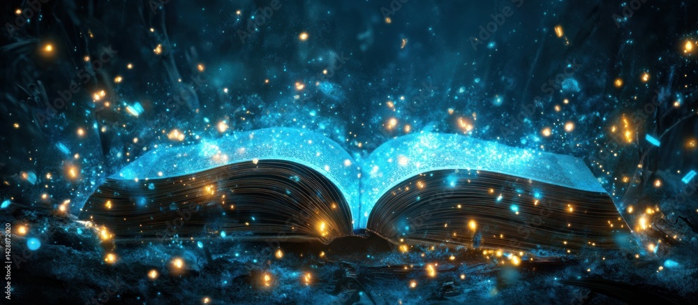 Poster an open book bathed in ethereal blue light surrounded by glowing sparks evokes a sense of magic know