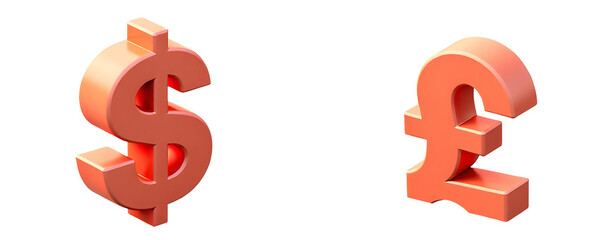 Currency symbols representing dollar and pound financial market 3d render digital environment close-up view economic concept, cut out, isolated, transparent background