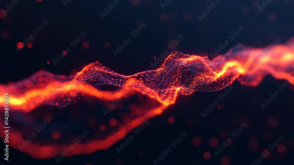 Poster vibrant wave of glowing particles in motion creates abstract display of energy and light against dar
