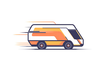 Minimalist line art icon of the side profile, a vector illustration of an octagonal delivery truck with a curved roof, with two lines that form a motion blur effect behind it, on a white background.