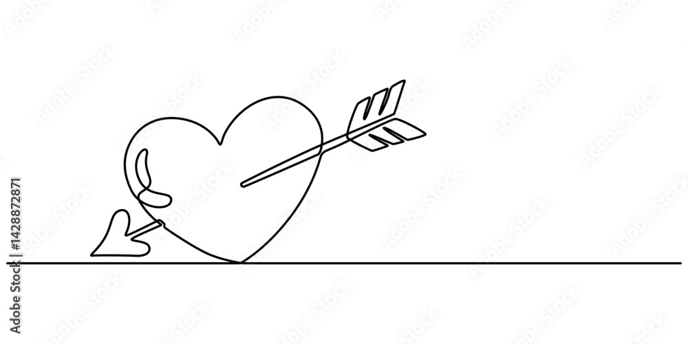 Poster heart with an arrow through it in one line drawing. representing romantic affection, heart pierced b