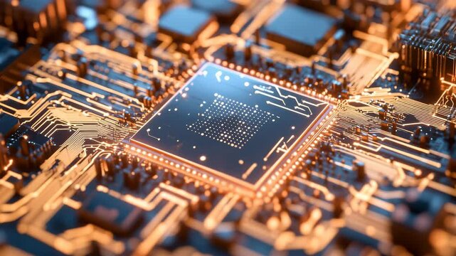 光るマイクロチップと未来的な回路基板の接写
