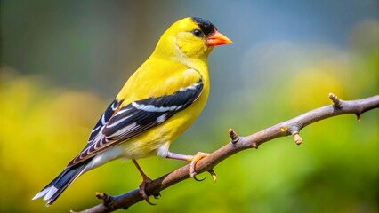 Obraz premium A Vivid Yellow Bird Perched on a Slender Branch, Basking in the Warm Sunlight of a Spring Day