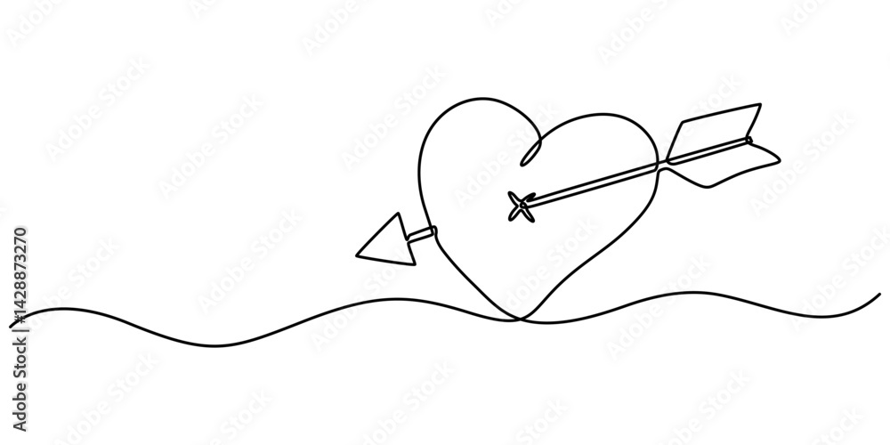 Poster heart with an arrow through it in one line drawing. representing romantic affection, heart pierced b