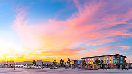 Obraz premium Vibrant Colorful Sunset Over Waterfront Town