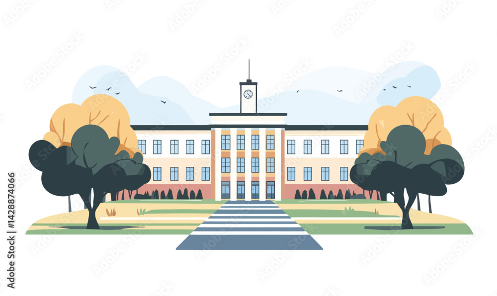 Poster elegant university campus building with minimalistic design and trees