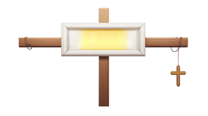 Wooden cross with bright light and hanging cross isolated on transparent background	