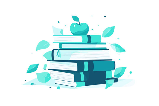 Books with apple and leaves in blue tones illustration

