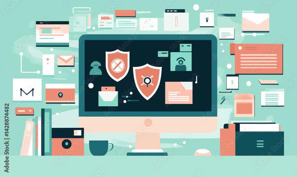 Poster computer antivirus software with secure shields and network protection in minimalist vector style