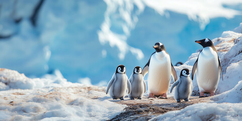 Group of penguins in snow Arctic environment. World penguin day