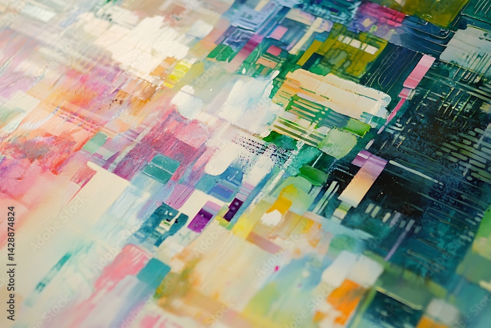 Poster abstract painting with vibrant colors and geometric shapes. the artwork features a blend of watercol