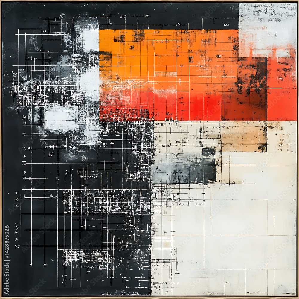 Poster Abstract geometric painting with red, orange, black, white, and gray tones. The artwork features layered squares and grid like patterns, creating a textured and dynamic composition.  The colors are