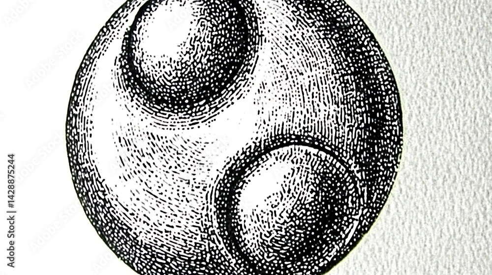 Poster abstract monochrome artwork featuring a pointillist style. the piece depicts a circular form with ov