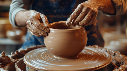 A skilled ceramic artist shaping a clay pot on a pottery wheel, hands covered in wet clay, warm soft lighting, cozy artisan workshop