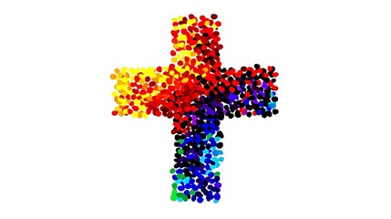 Abstract colorful cross composed of small, multicolored shapes against a white background. The cross is formed from shades of red, orange, yellow, green, blue, and purple. The image has a vibrant and