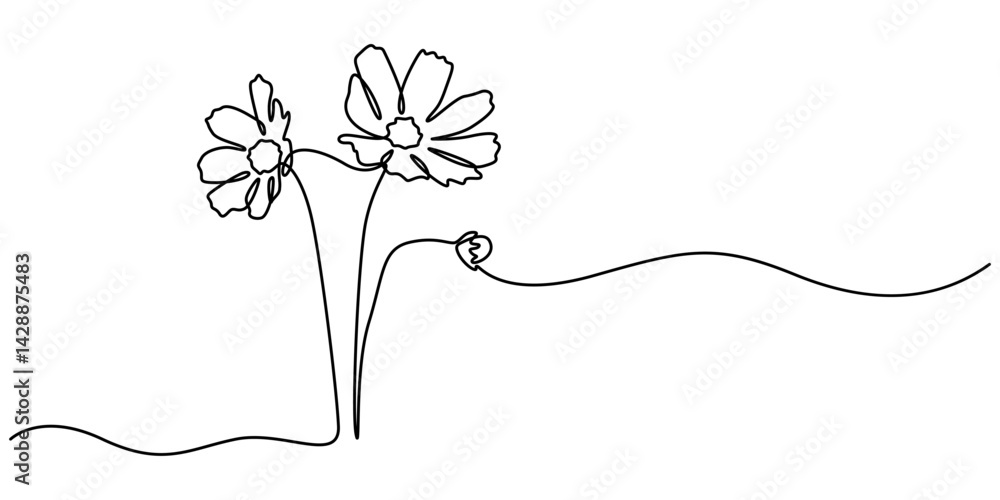 Poster abstract cosmos one line drawing on white background. flowers line drawing. continuous line. vector 