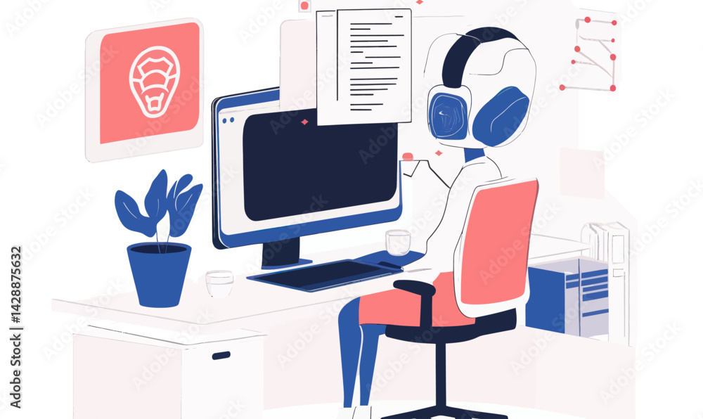 Poster ai content creator concept with robot at desk in minimalist flat design vector