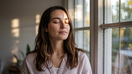 Woman by window breathes deeply