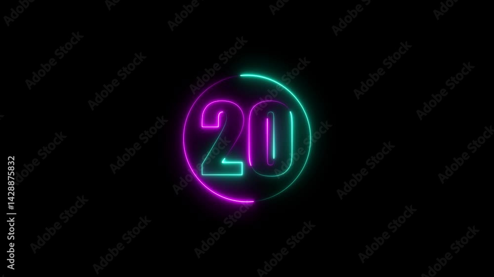 Poster a circle with a purple neon icon on a black background and the text 20 in the middle of it.