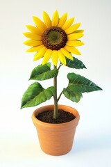 Obraz premium Vibrant 3D illustration of a blooming sunflower in a terracotta pot with detailed petals and lush green leaves