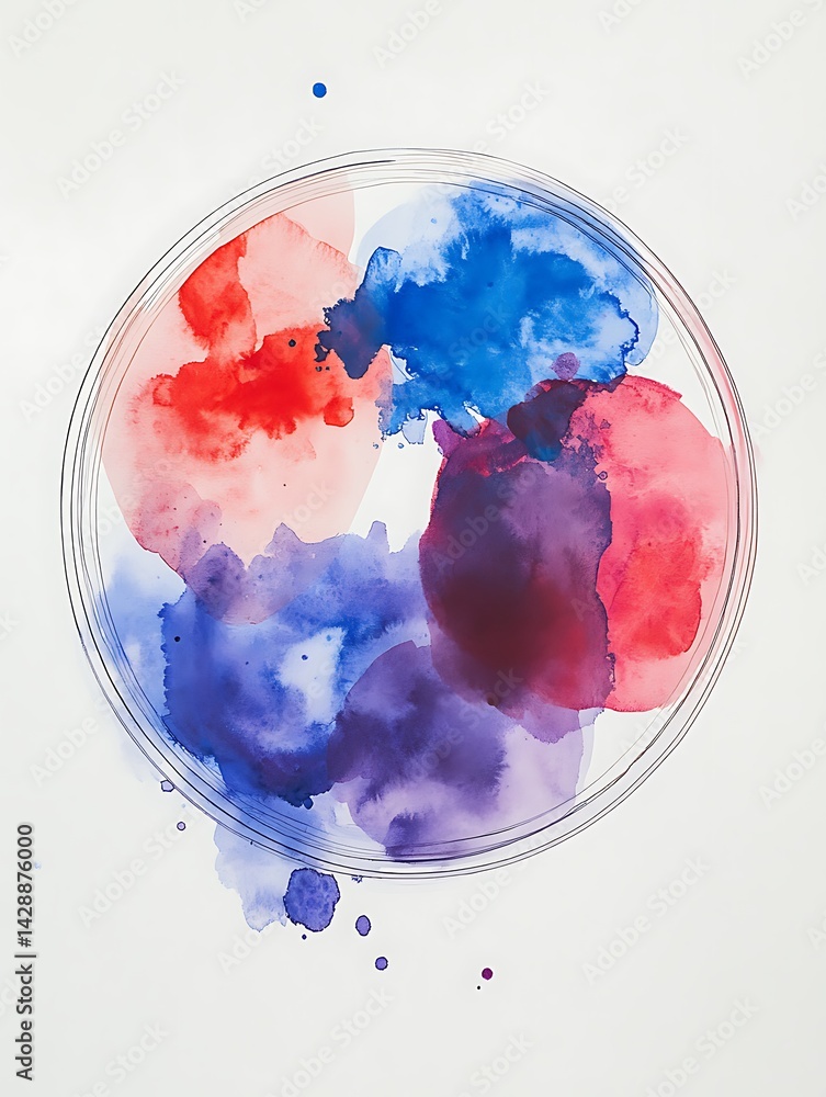 Poster abstract watercolor painting in red, blue, and purple hues within a circular frame on a white backgr
