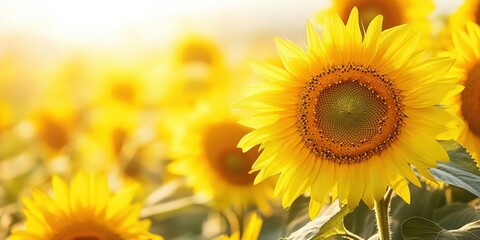Obraz premium Bright sunflower field in golden sunlight with one prominent flower in sharp focus against a soft blurred background