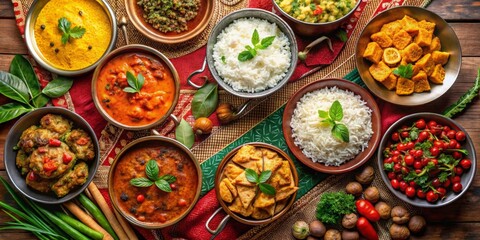 Fototapeta premium Aromatic Spiced Cuisine A Feast of Flavorful Curries, Fluffy Rice, and Savory Sides
