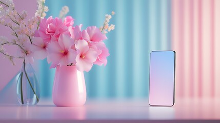 A stylish smartphone beside a pink vase with vivid flowers in a pastel setting.