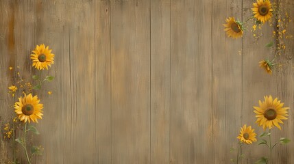 Obraz premium Sunflowers, small flowers, rustic wood background.