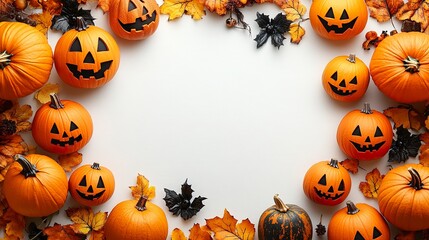 Playful Halloween border with pumpkins, spooky toys ON WHITE BACKGROUND  