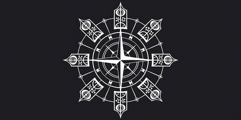 Vegvisir Viking Rune Compass Ancient Norse navigation Symbol With Geometric Arrows Ancient Nordic Symbols Representing Norse Mythology and Spiritual Protection on Black Backgroung Viking tattoo design