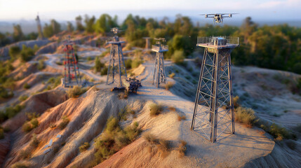 Jurassic landscape integrated with modern technology and infrastructure