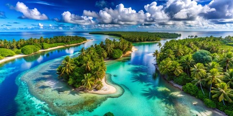 Lush Tropical Paradise An Aerial View of Pristine Island Lagoon with Vibrant Turquoise Waters and Verdant Palm Trees