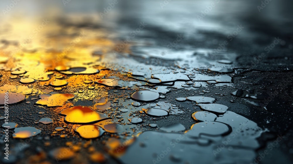 Aufkleber Close-up View of Glossy Petroleum Surface Showing Fine Texture and Dynamic Light Reflections During Daytime in an Industrial Setting