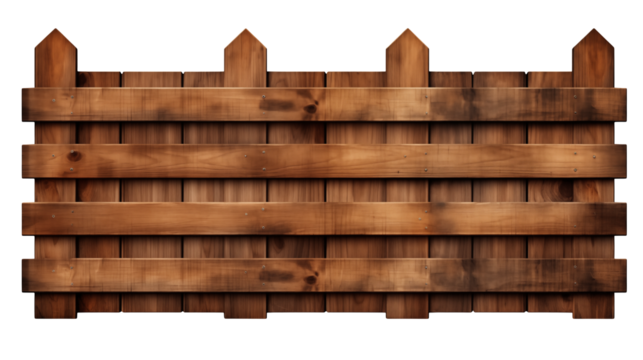 A brown wooden fence with a rustic appearance isolated on transparent background	