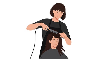 Hairdresser straightening customer hair with flat iron in salon ambiance