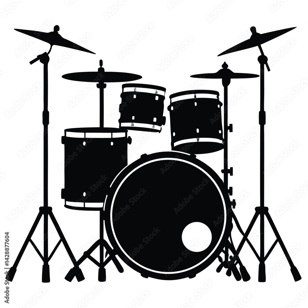 Poster isolated black vector musician using element drum set with white background