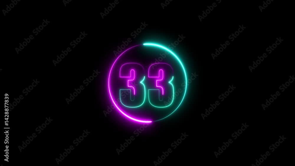 Poster a circle with a purple neon icon on a black background and the text 33 in the middle of it.