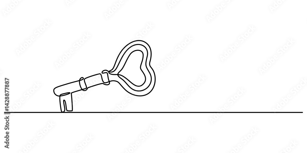 Poster key to love web banner with continuous line icon, love keys black stroke linear icon, continuous one