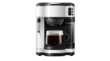 A white and black coffee maker with a clear cup of coffee brewing now isolated on transparent background	