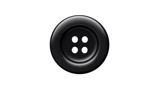 A close up of a single black button with four holes  isolated on transparent background	