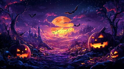 Playful Halloween scene with cartoon pumpkins, flying bats, and candy in vibrant purple landscape  