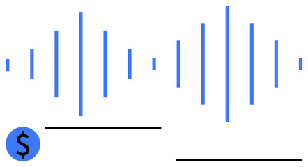 Blue audio waveform lines paired with a dollar icon and horizontal lines. Ideal for finance, technology, creativity, audio branding, podcasting, value representation, flat simple metaphor
